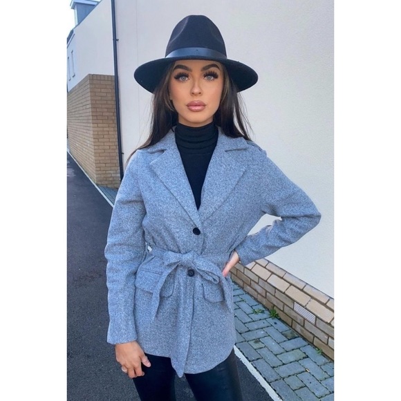 Gray Wool Blend Long Sleeve Belted Jacket - Picture 5 of 10